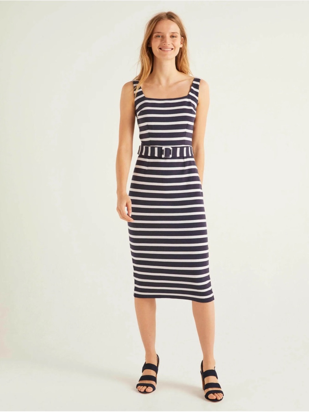 Boden Navy and White Striped Belted Midi Dress